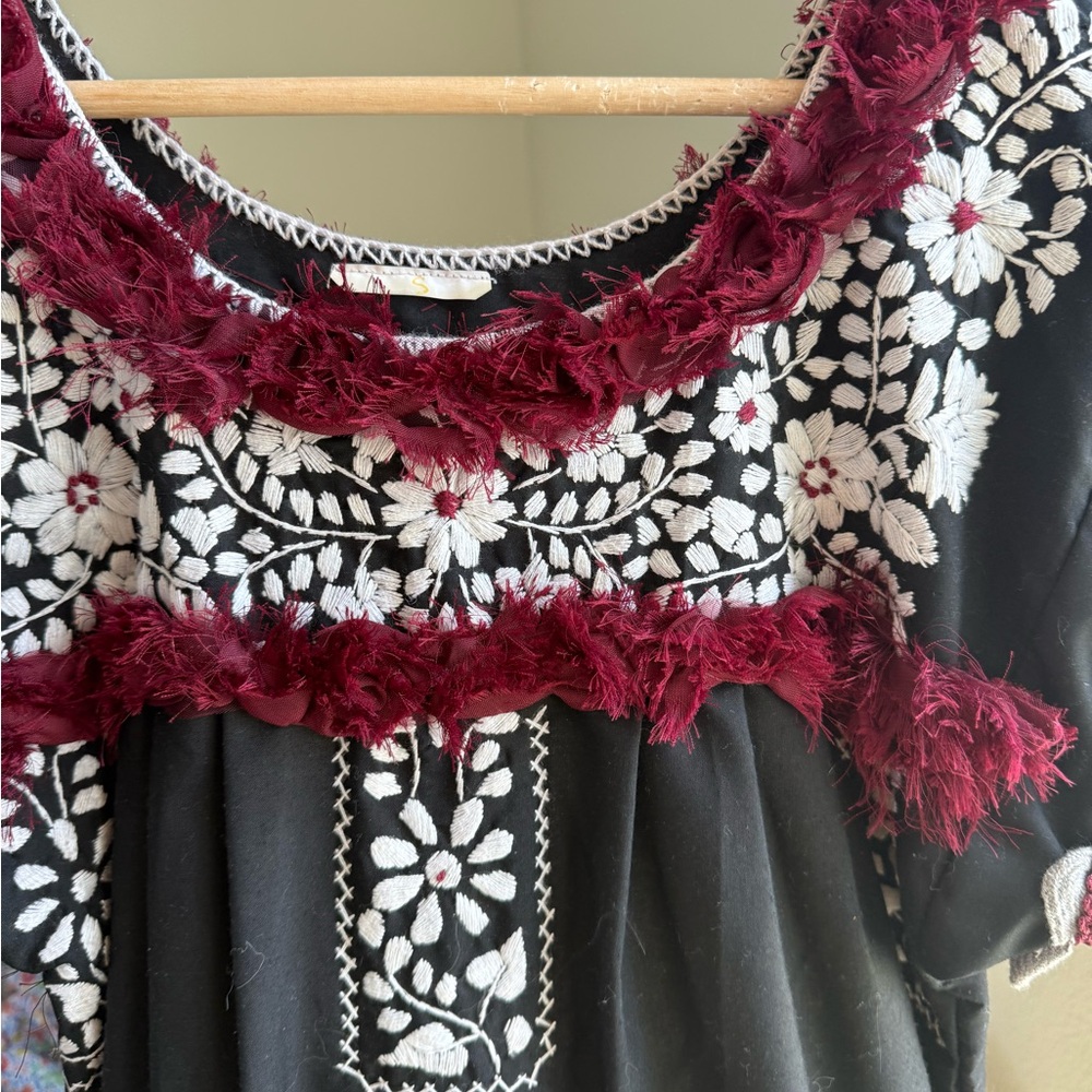Mexican Style Embroidered Huipil Dress or Top - Black, White & Maroon